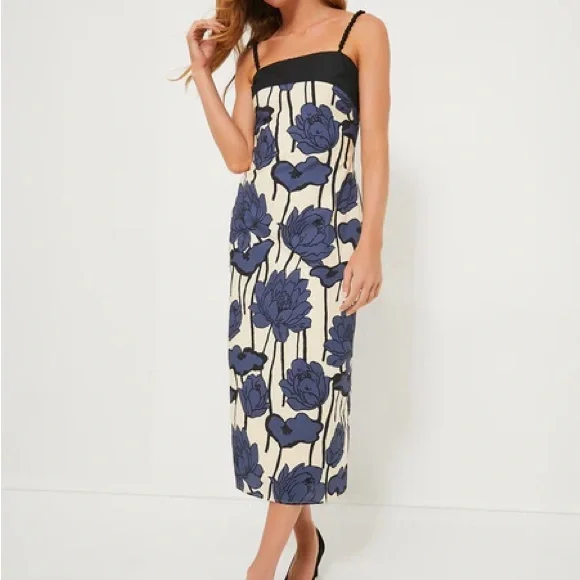 navy and cream floral dress Cream and Navy Floral Jacquard Sleeveless Midi Dress
